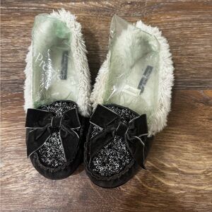 Gray and Cream Fuzzy Slippers with Bow